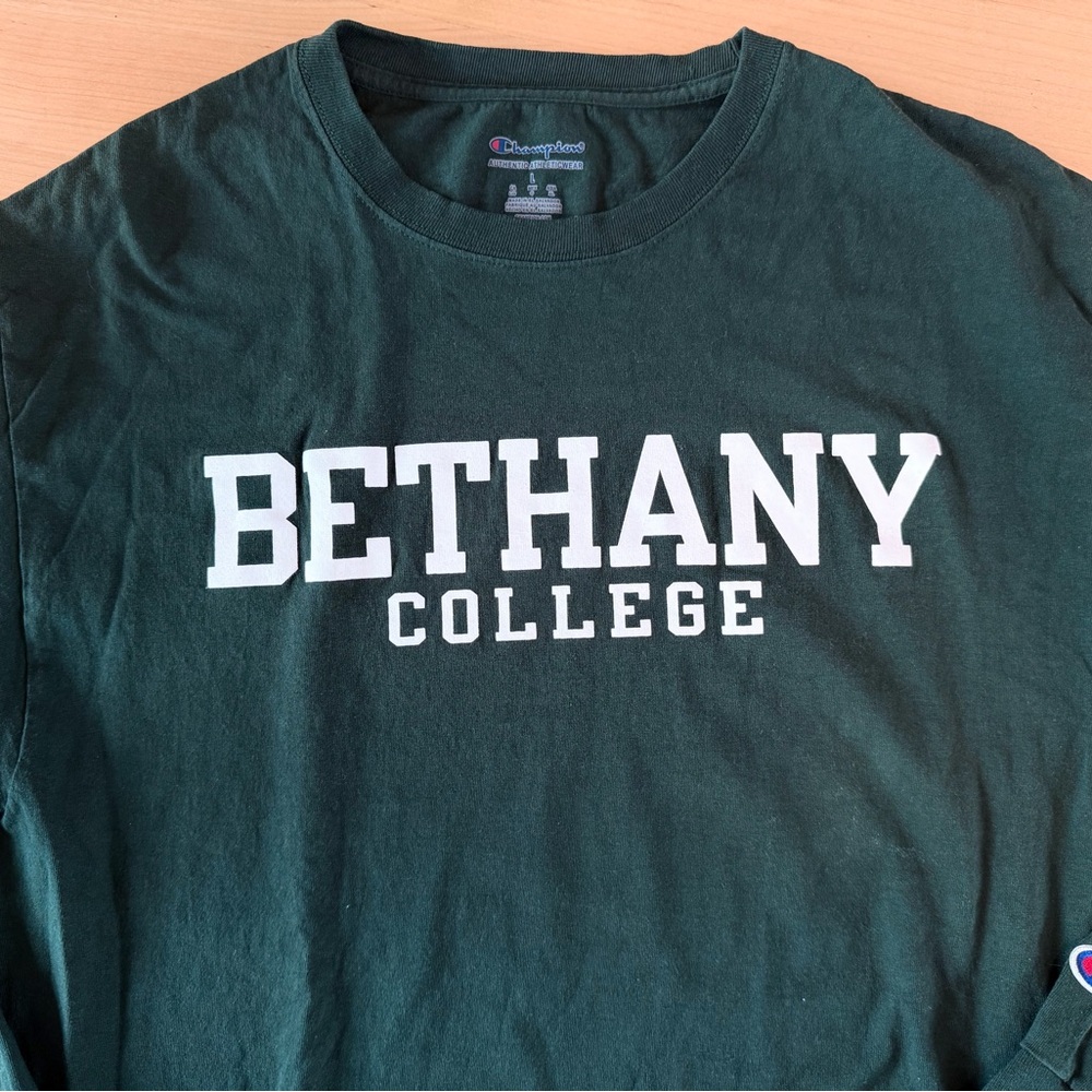 Adult L Champion Bethany College Green long sleeve T‑Shirt with White Lettering - Picture 2 of 6